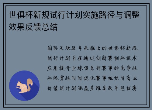 世俱杯新规试行计划实施路径与调整效果反馈总结